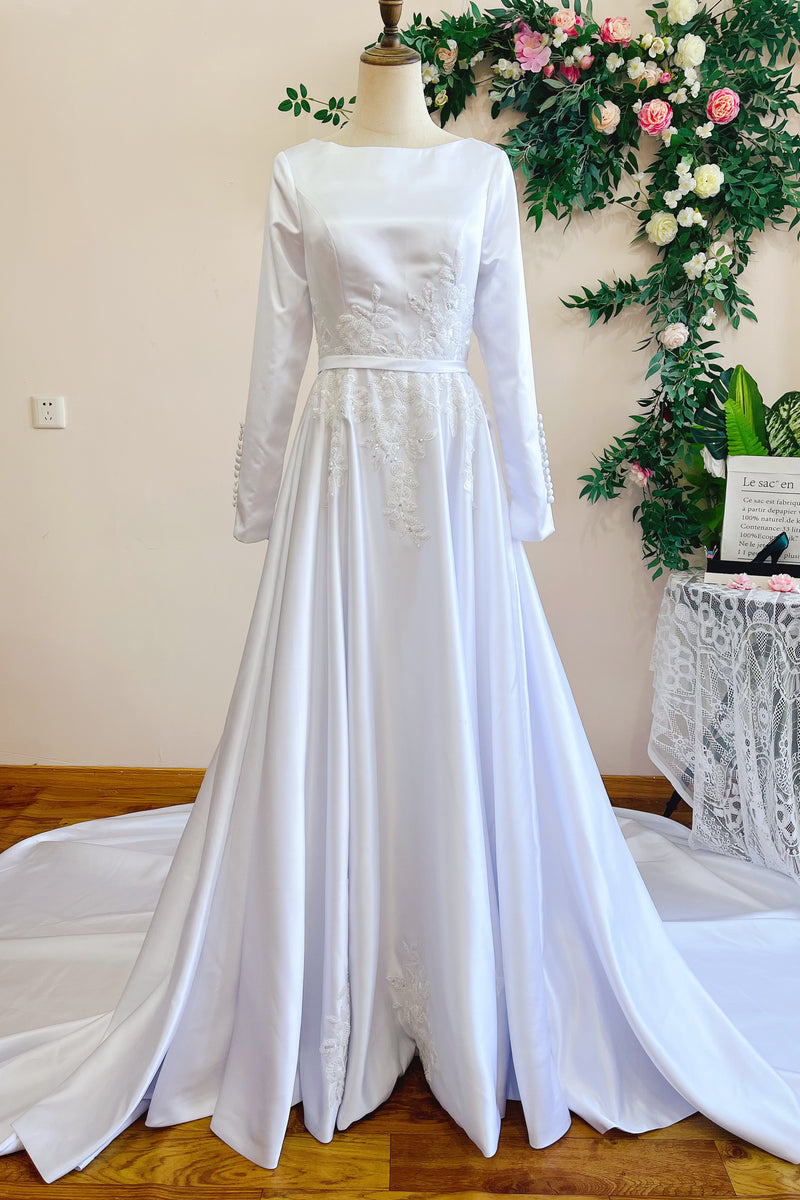 loveangeldress White Lace Muslim Wedding Dresses with Long Sleeves US6 / White