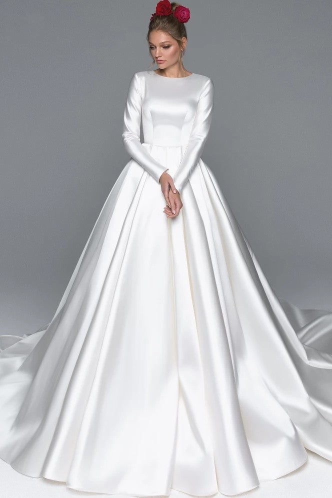 Muslim Wedding Dress Long Sleeve Luxury Satin Chapel Train Tanya Bridal