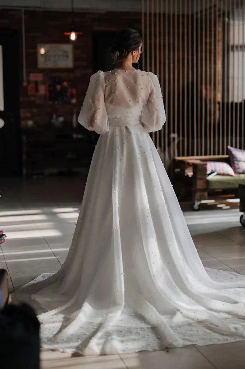 Silk Satin Organza - A-Line Long Sleeve Wedding Dress See-Through Lace –  Jinza Bridal