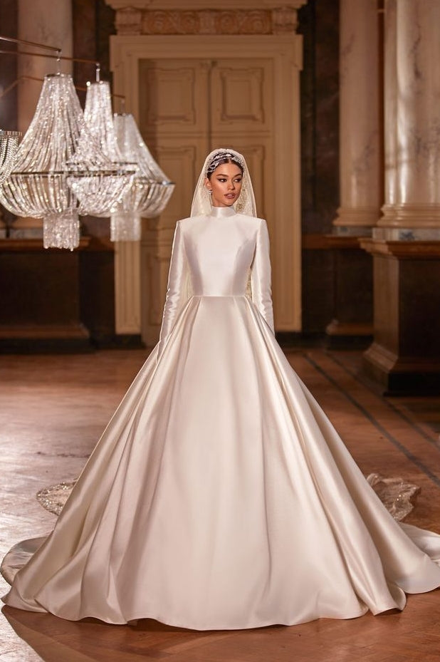 High Quality Satin Muslim Wedding Dress A Line Garden Bride Gown