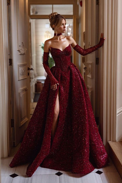 Luxurious Gorgeous Burgundy Split Sequins Prom Dress