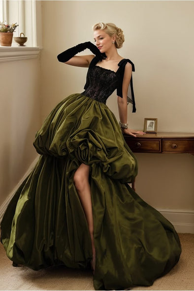 Olive Green Long Ball Gown Prom Dress With Slit