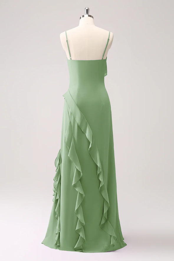 Spaghetti Strap A Line Sage Green Long Chiffon Bridesmaid Dress