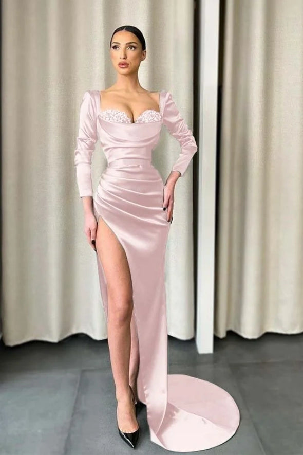 Long Sleeves Pink High Split Pearls Prom Gown