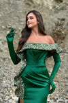 Green Off-the-Shoulder Mermaid Prom Dress With Split Beadings