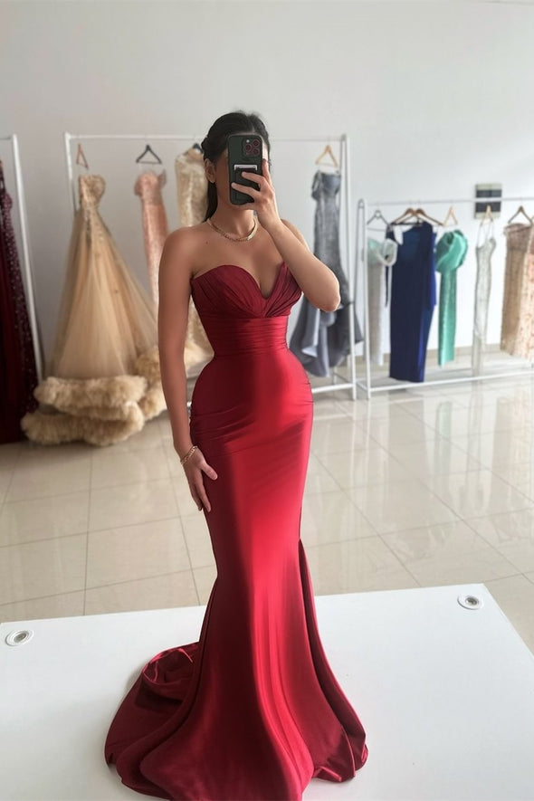 Red Mermaid Long Evening Dress Sweep Train