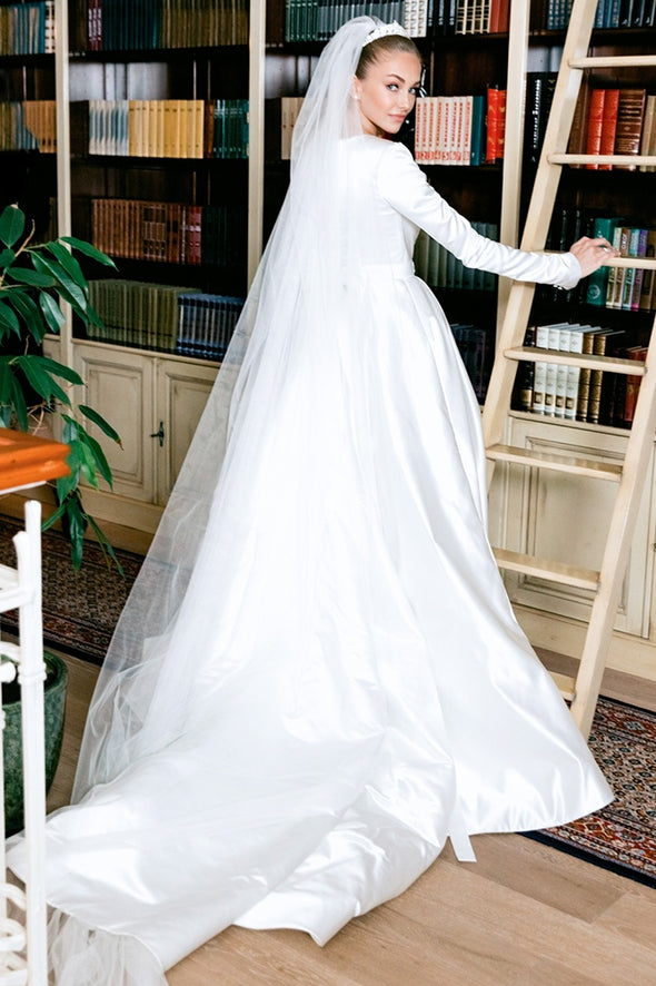 Simple Satin Long Wedding Dress With Beads on Waist