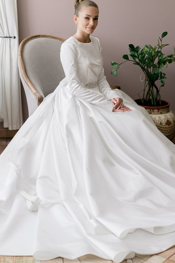 Simple Satin Long Wedding Dress With Beads on Waist