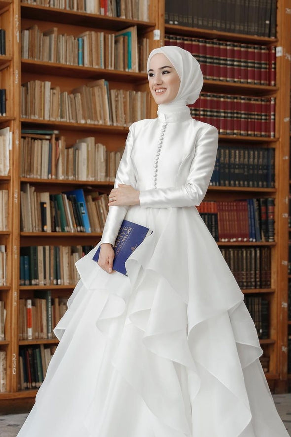 Modest Ruffles Wedding Dress For Muslim