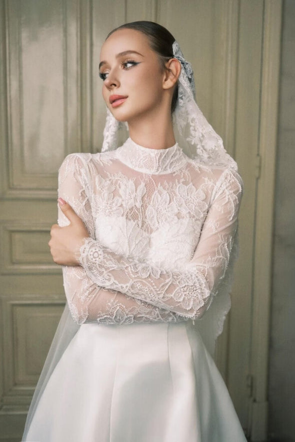 Lace Satin A Line Wedding Dress High Stand Neck With Veil