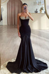 Black Mermaid Long Satin Evening Dress With Crystal Neckline