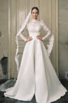 Lace Satin A Line Wedding Dress High Stand Neck With Veil