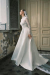 Lace Satin A Line Wedding Dress High Stand Neck With Veil