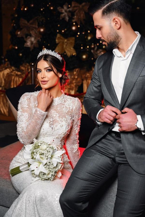 Arabic Dubai Lace Mermaid Long Wedding Dress With Detachable Train