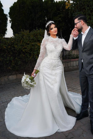 Arabic Dubai Lace Mermaid Long Wedding Dress With Detachable Train