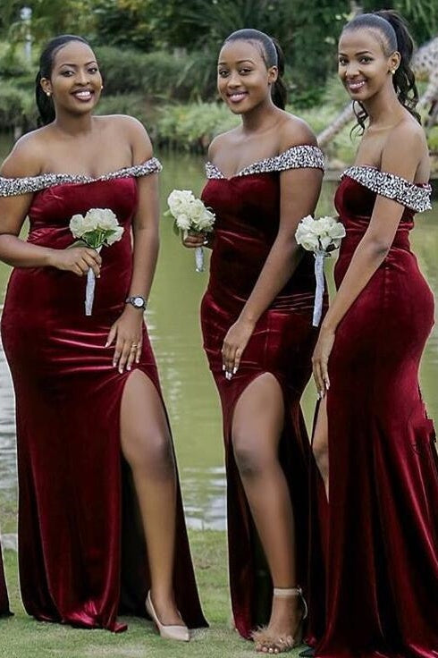 Burgundy Velvet Off The Shoulder Mermaid Simple Bridesmaid Dress