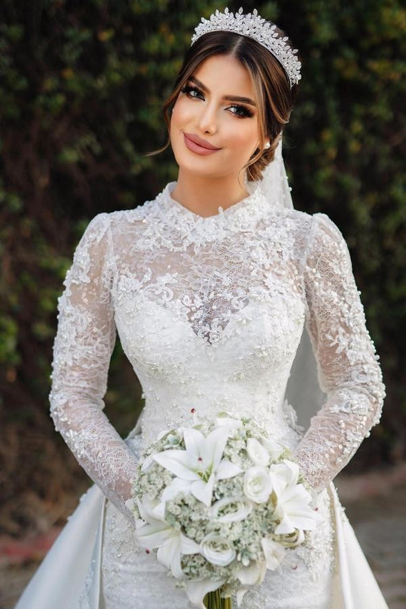 Arabic Dubai Lace Mermaid Long Wedding Dress With Detachable Train