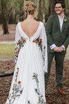 Long Flare Split Sleeve Boho Colorful Embroidery Wedding Dress