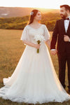 Lace Tulle Ball Gown Wedding Dress V Neck Short Sleeves