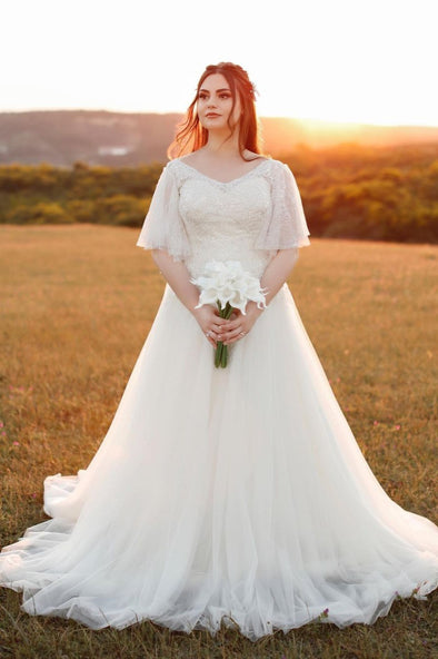 Lace Tulle Ball Gown Wedding Dress V Neck Short Sleeves