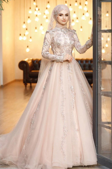 Champagne Long Muslim Wedding Dress With Lace Appliques