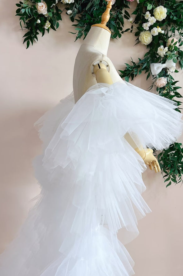 White Tiered Tulle Winter Long Wedding Cape Outfit