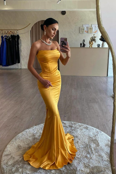 Gold Long Simple Mermaid Evening Dress Lady Gown