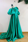 A Line Strapless Sage Green Satin Prom Dress With Detachable Sleeves