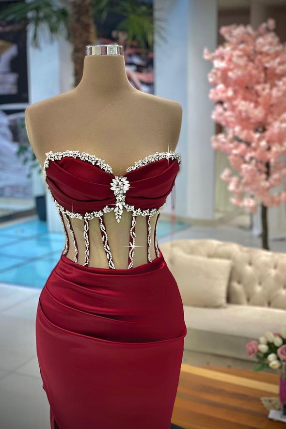 Dark Red Sweetheart Sheath High Split Evening Dress