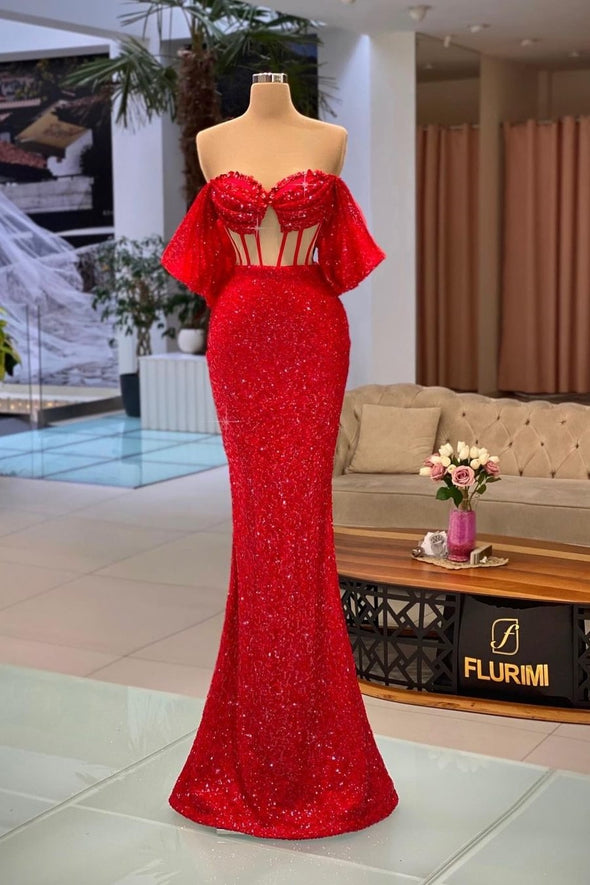 Red Bling Bling Sequins Long Mermaid Evening Dress