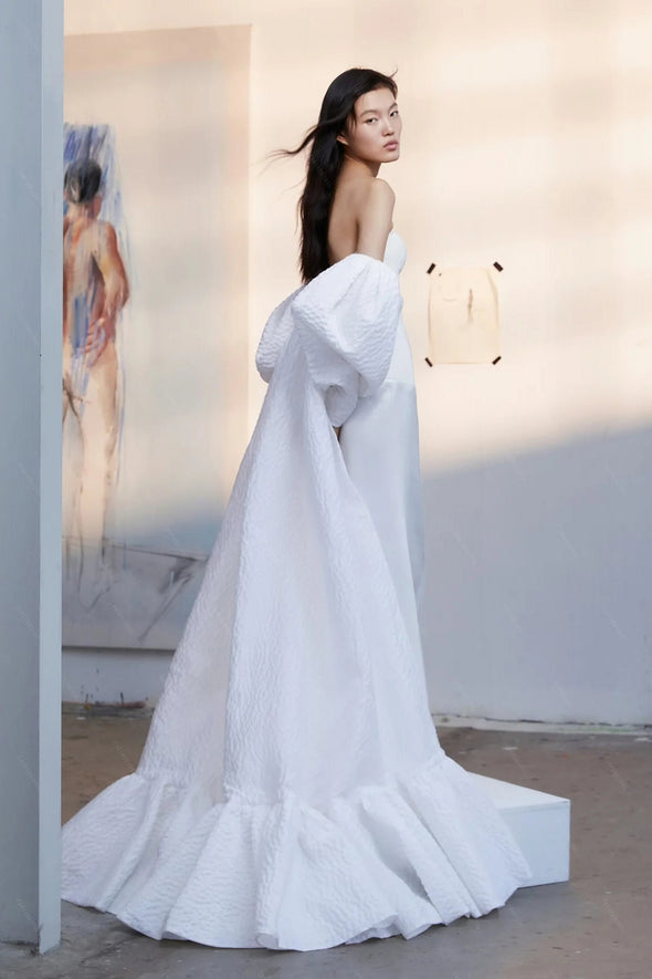 Embossed satin Wedding Cape With Half Puffy Sleeves DJ317