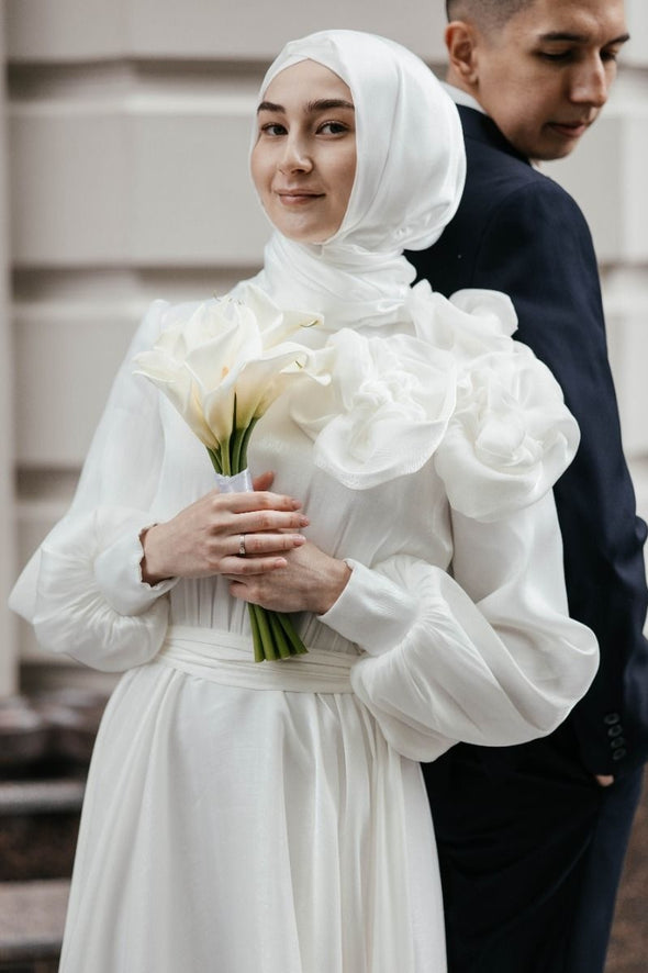 A Line Wedding Dress Full Sleeves Romantic Muslim Wedding Gown