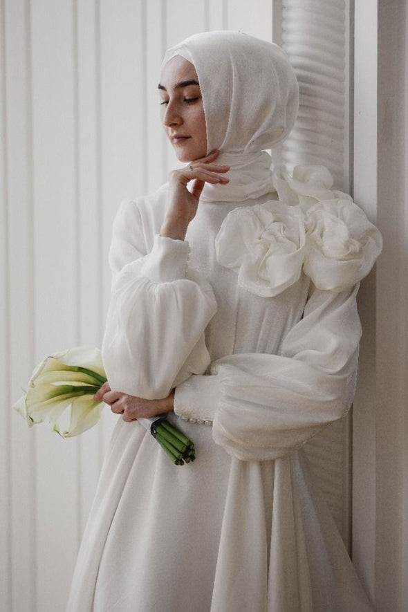 A Line Wedding Dress Full Sleeves Romantic Muslim Wedding Gown