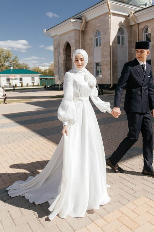 A Line Wedding Dress Full Sleeves Romantic Muslim Wedding Gown