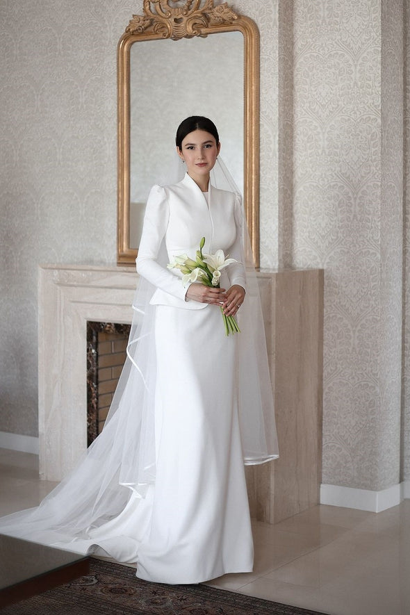 Modest Full Sleeves Wedding Dresses Sheath Simple Satin Bridal Gown