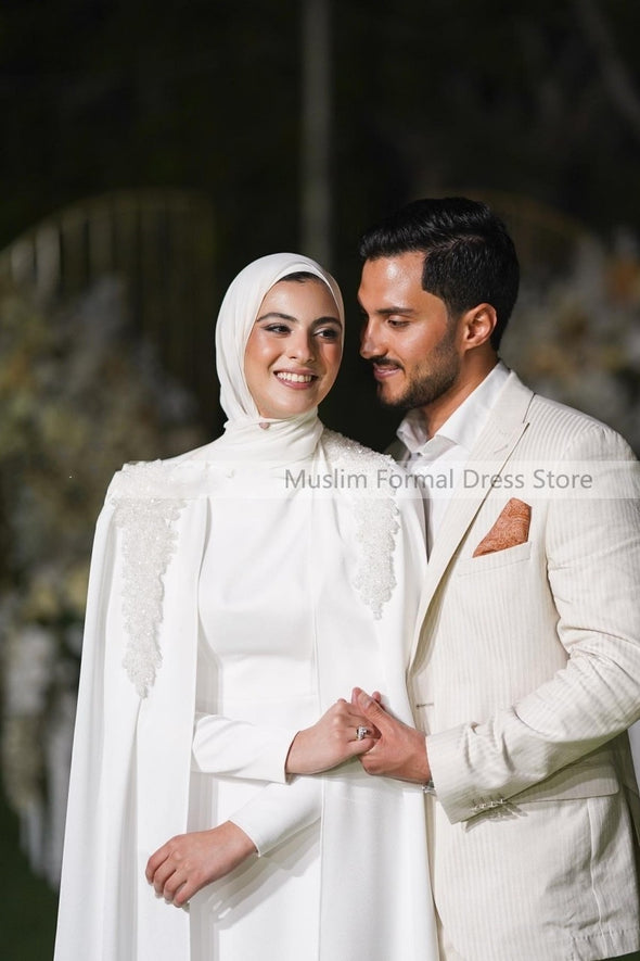 Modest Muslim White Wedding Dresses with Cape