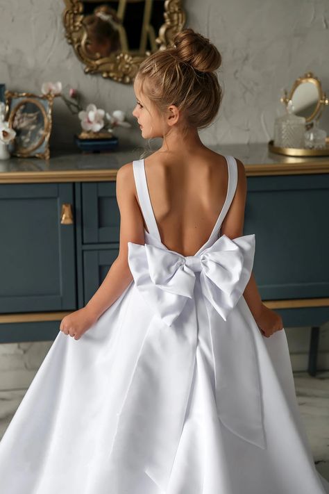 White Satin A Line Flower Girl Dress Backless With Bow