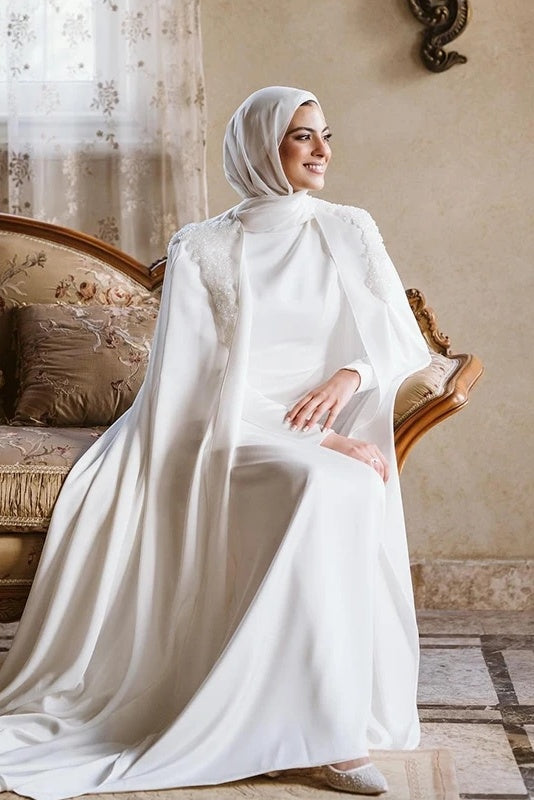 Modest Muslim White Wedding Dresses with Cape