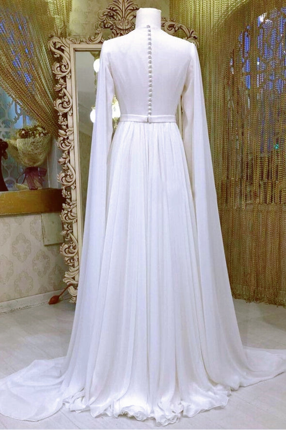 Long Sleeves Scoop Neck Chiffon A Line Wedding Dress