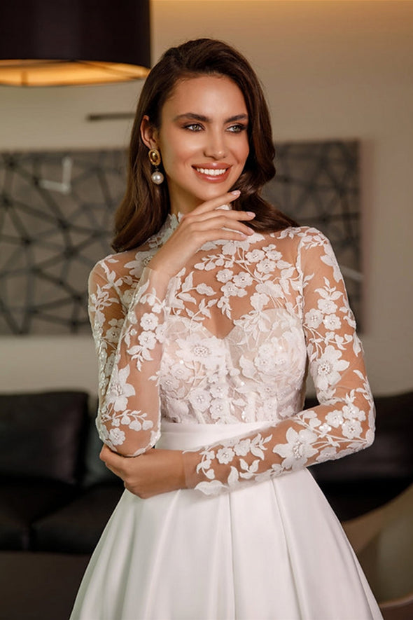 Vintage High Neck Full Sleeves Lace Satin A Line Wedding Dreses