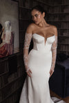 V-neck Satin Mermaid Wedding Dresses Removeable Lace Sleeves