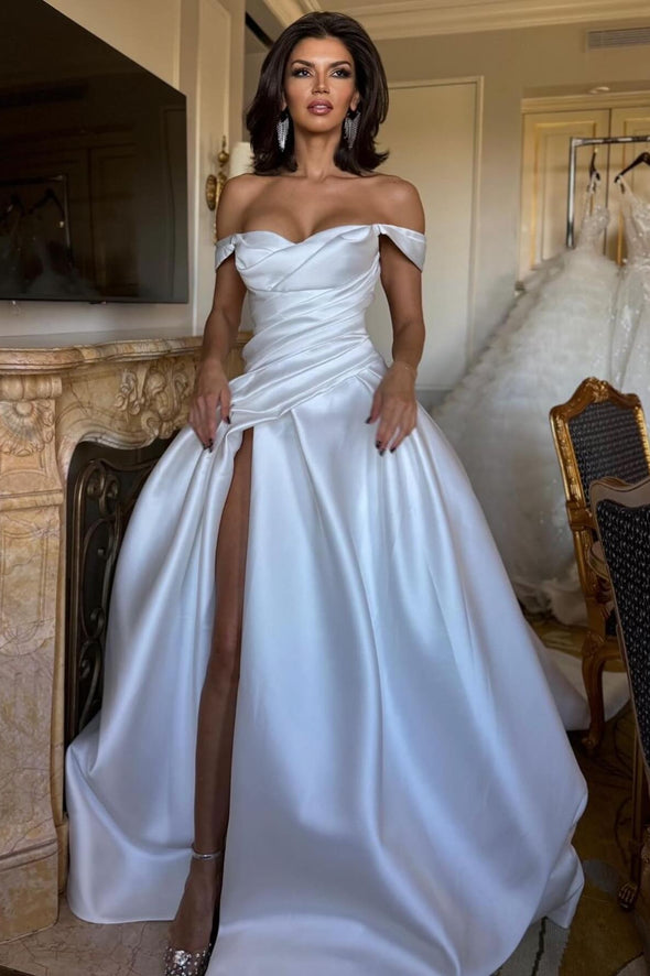 Satin A Line Wedding Dresses Side Slit Wedding Dress