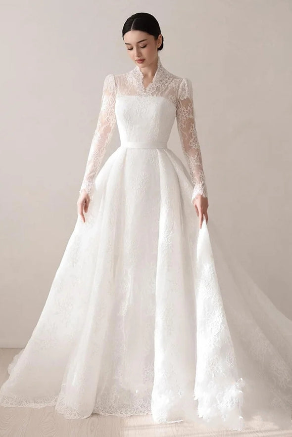 Exquisite Lace Wedding Dress V Neck Full Sleeves