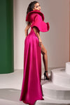 Hot Pink Satin Sequins Long Evening Dress High Split