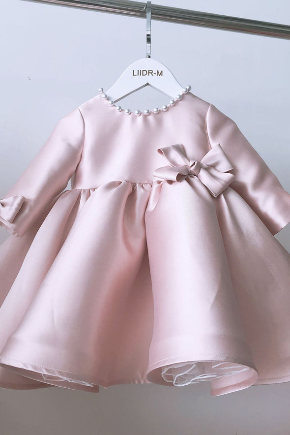 Pink Satin Long Sleeves Birthday Party Girl Dress