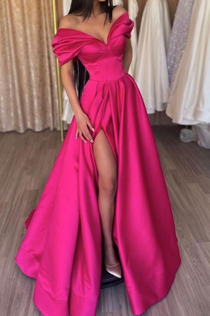 Hot Pink A Line Satin Prom Dress With Slit