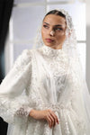 Luxury Beads Sequins Long Wedding Dress High Collar Full Sleeves