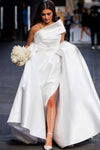 One Shoulder Sheath Satin Wedding Dresses With Detachable Train