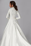 High Neck Long Sleeve Satin Applique Button Wedding Gown Sweep Train