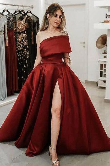 One Shoulder A Line Red Satin Slit Prom Gown